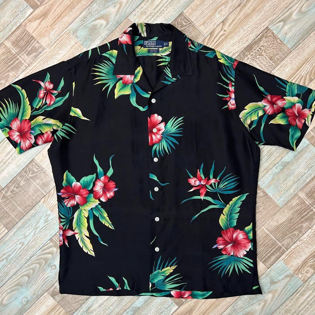 Rare Ralph Lauren Caldwell Aloha Shirt Hibiscus Silk Black