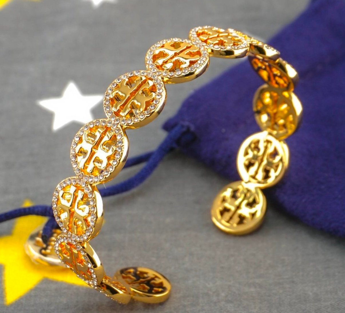 NEW Tory Burch Miller Pave Logo Crystal Cuff Bracelet Bangle (MSRP 298)