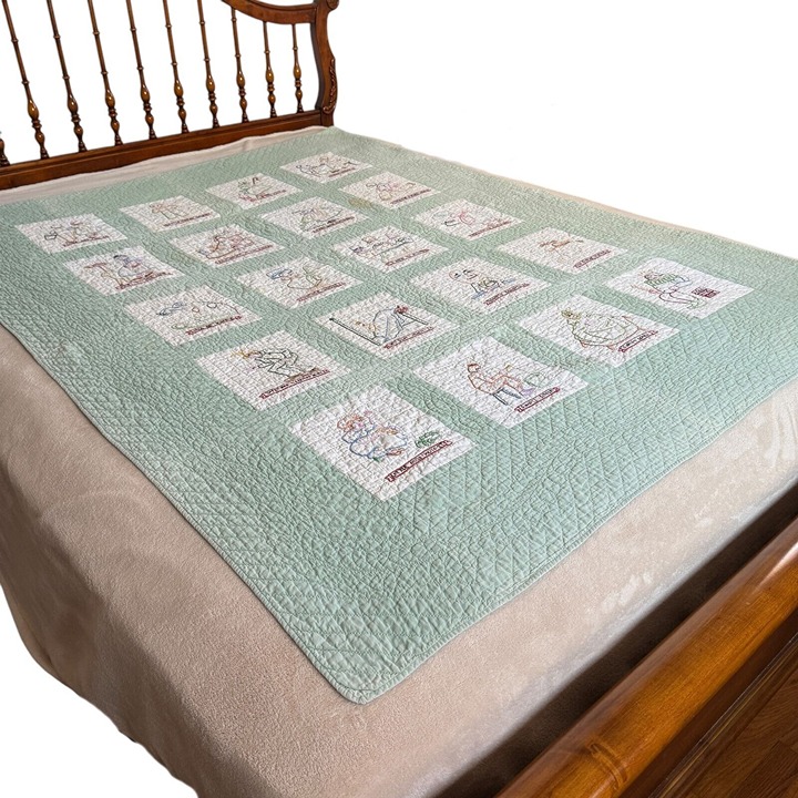 Childs Quilt Embroidered Nursery Rhymes Green Cream Vintage 1950s Handmade As Is