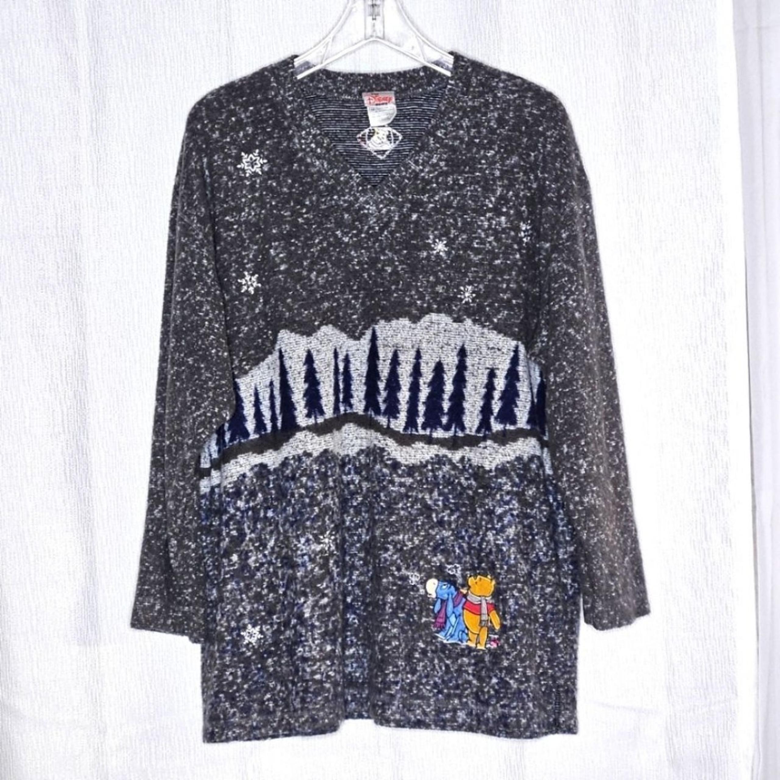 The Disney Store 90's Blue Gray Pooh Eeyore V-Neck Long Sleeve Pullover Sweater