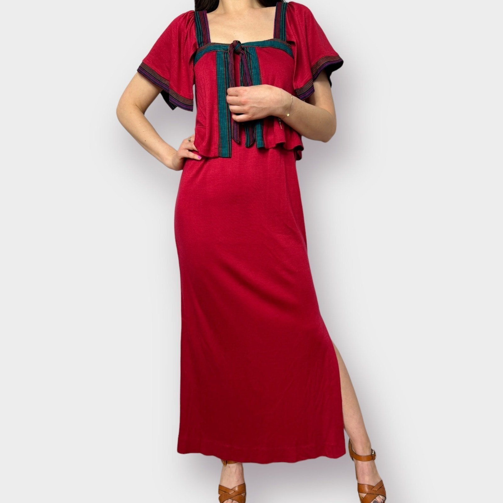 70s Maroon Jody T of California Maroon Maxi Dress with Tie Blouse Top