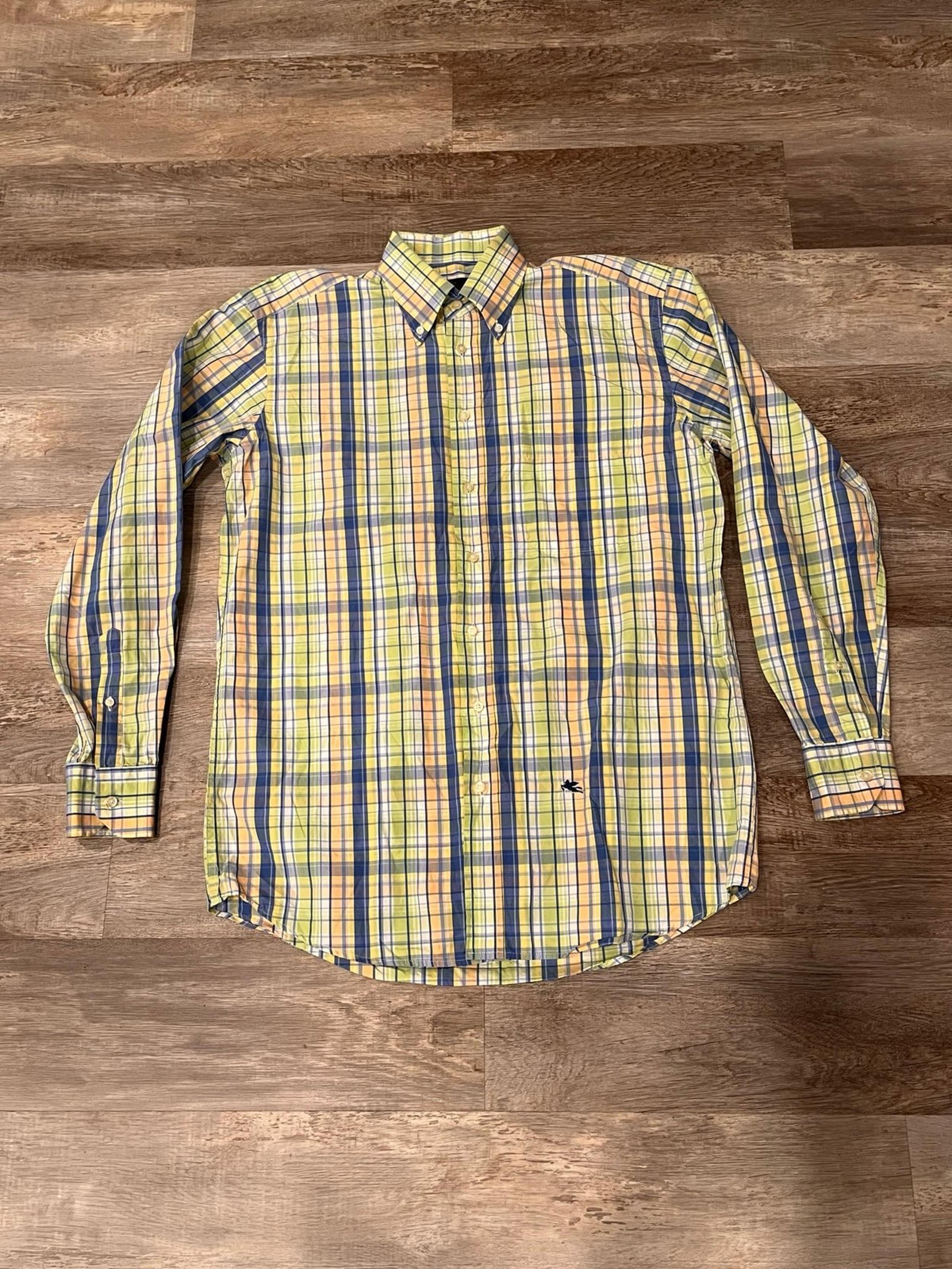 Shirt Men’s 39 Blue Green Peach Plaid Button Down Cotton Long Sleeve Italy - Etro