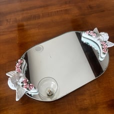 Vintage Oval Mirror Tray with Porcelain Pink Flowers and Cherub Angels
