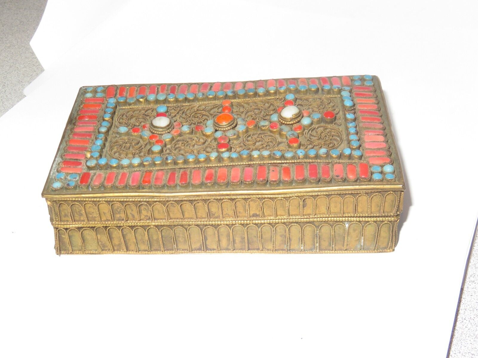 Vintage Nepalese Brass Box Tibetan Trinket Box Coral and Turquoise Glass Gem