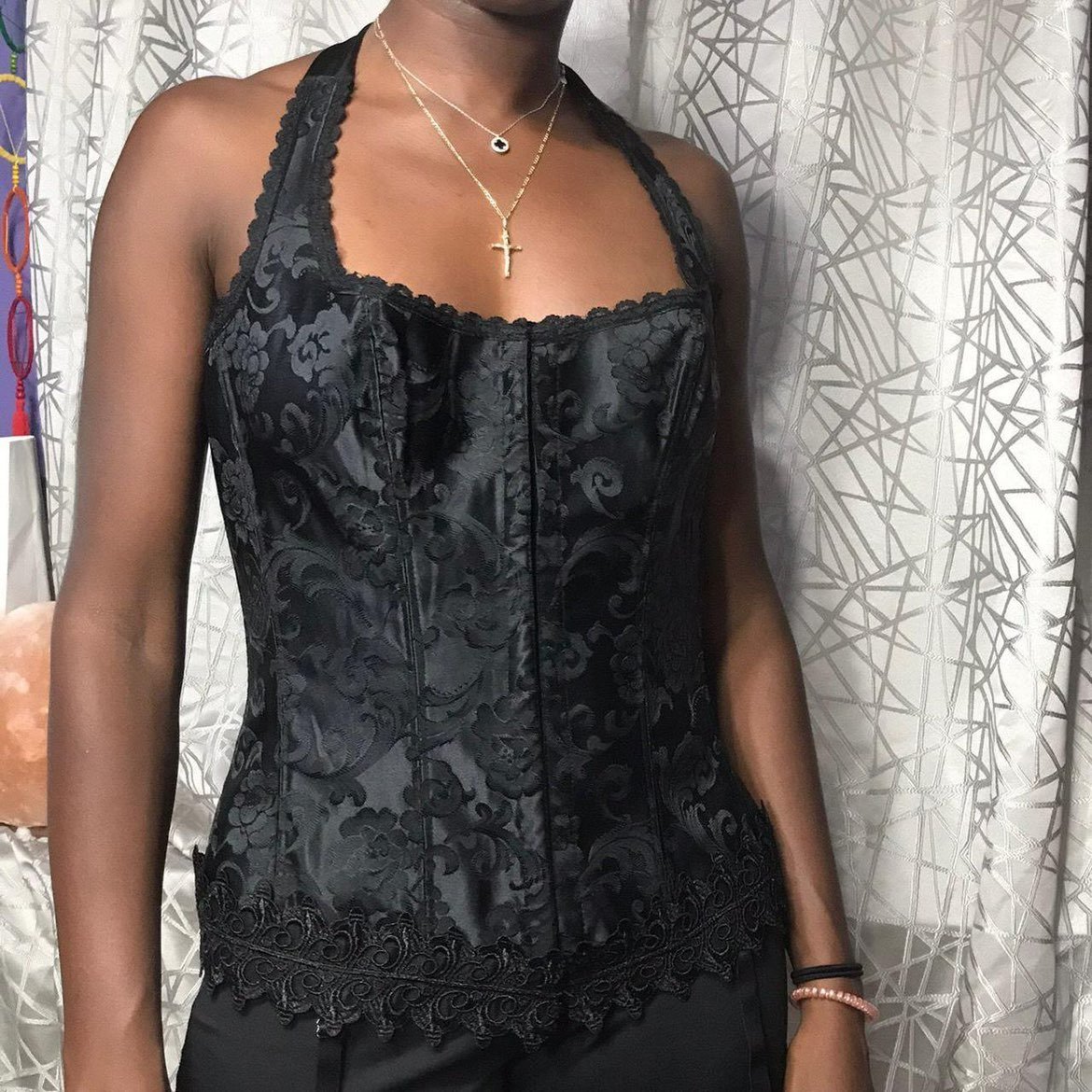 Vtg Classic black floral corset halter lingerie top