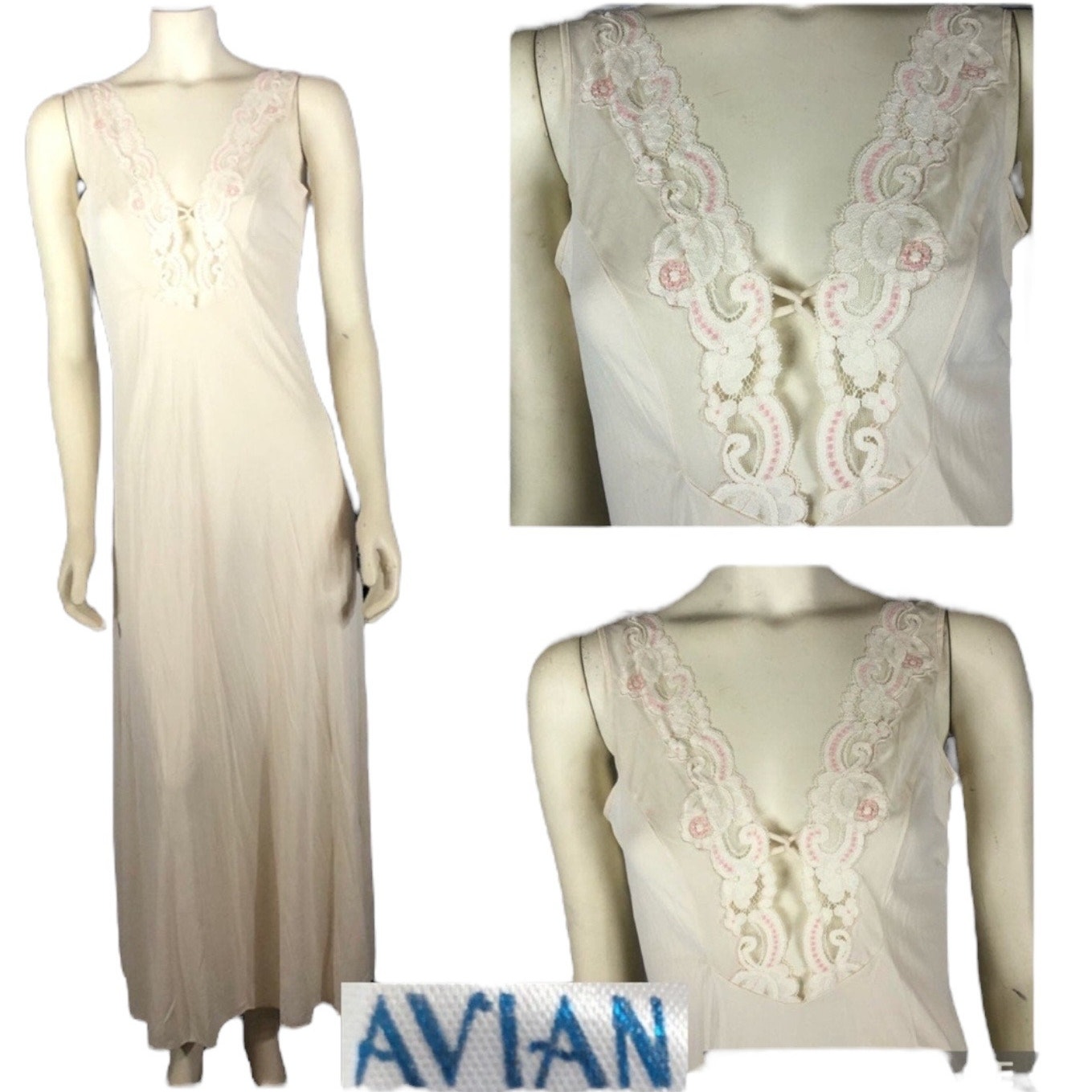 Vintage 1950's AVIAN long nightgown cream with pink lace size medium