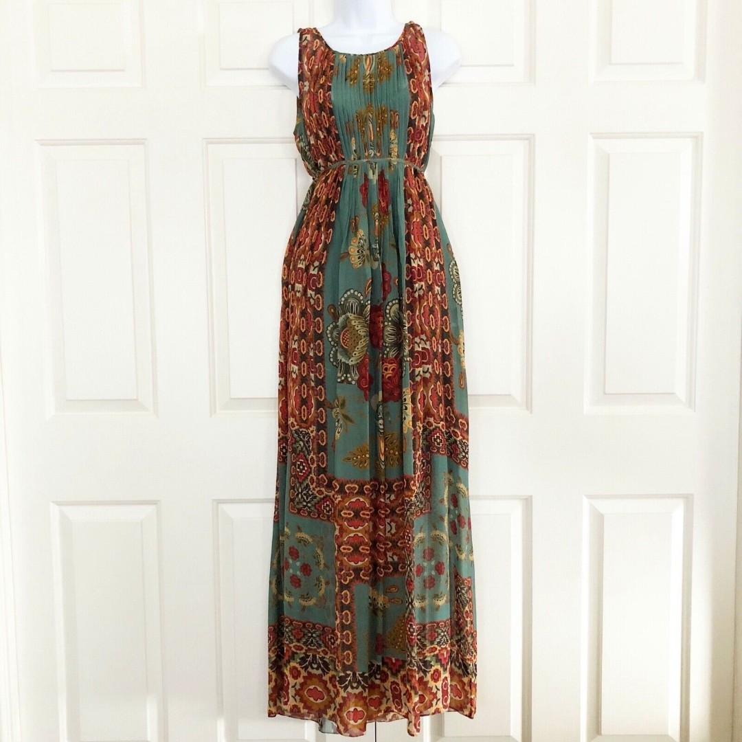 Hemant & Nandita Anthropologie Silk Maxi Dress Sleeveless Floral Abstract Print