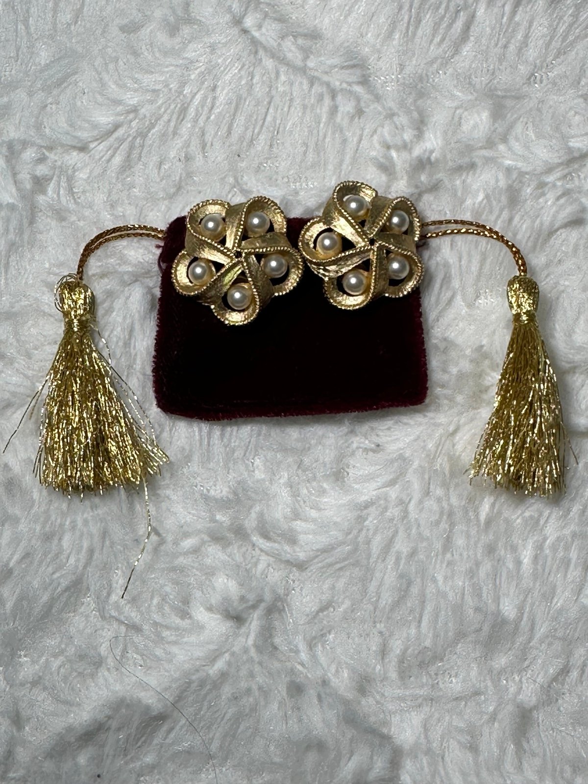 Vintage Gold Tone Faux Pearl Trifari Clip On Earrings 1960s