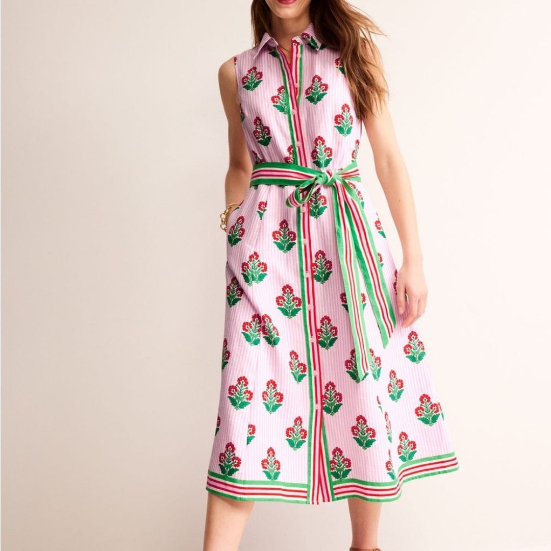 BODEN Kate Linen Midi Shirt Dress Grenadine Floret Stem Size 14 Long NWT