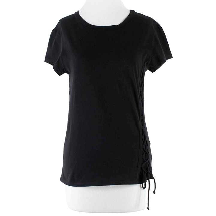 Pam & Gela NEW 138 Sz M Black Asym Corset Laced Front T Top