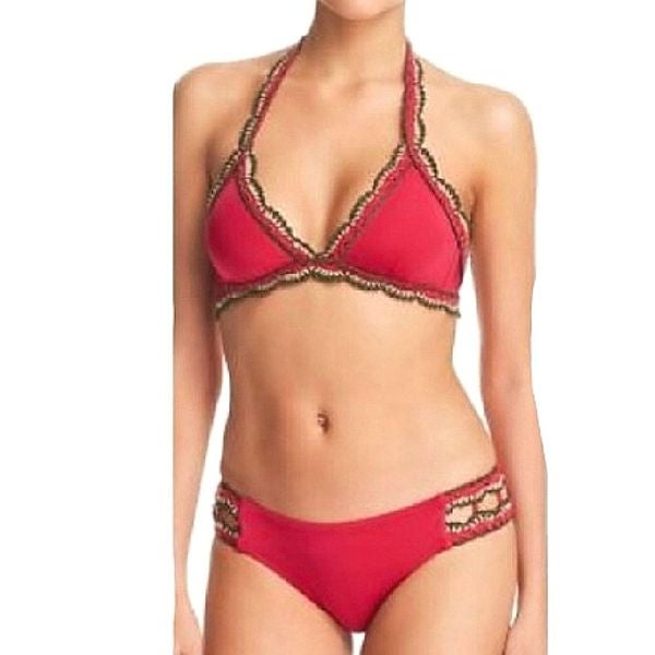 ️NWOT Becca Medina Raspberry Bikini Bottoms w/ Knit Crochet Detailing Medium