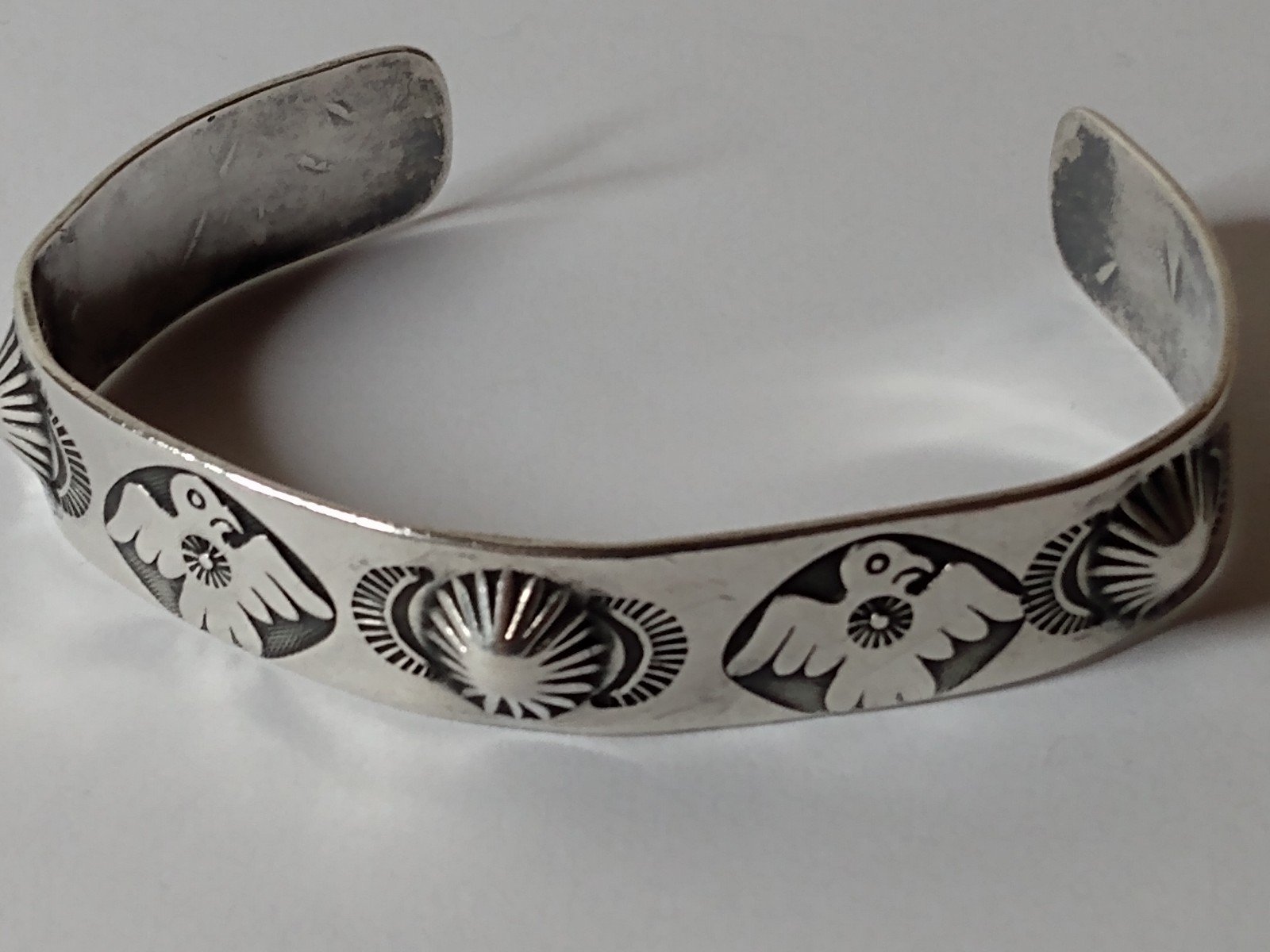 Vintage Fred Harvey Petite 3 Bump Out Stamped Thunderbird Bracelet Child's ?