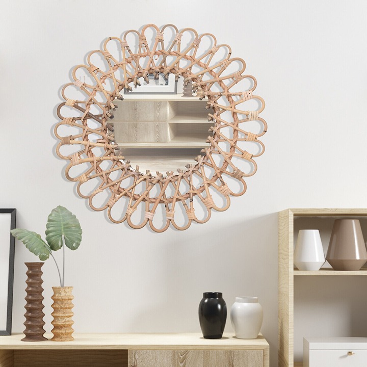 Floral Design Rattan Mirrors Round Wicker Wall Mounted Mirror for Home Bathroom