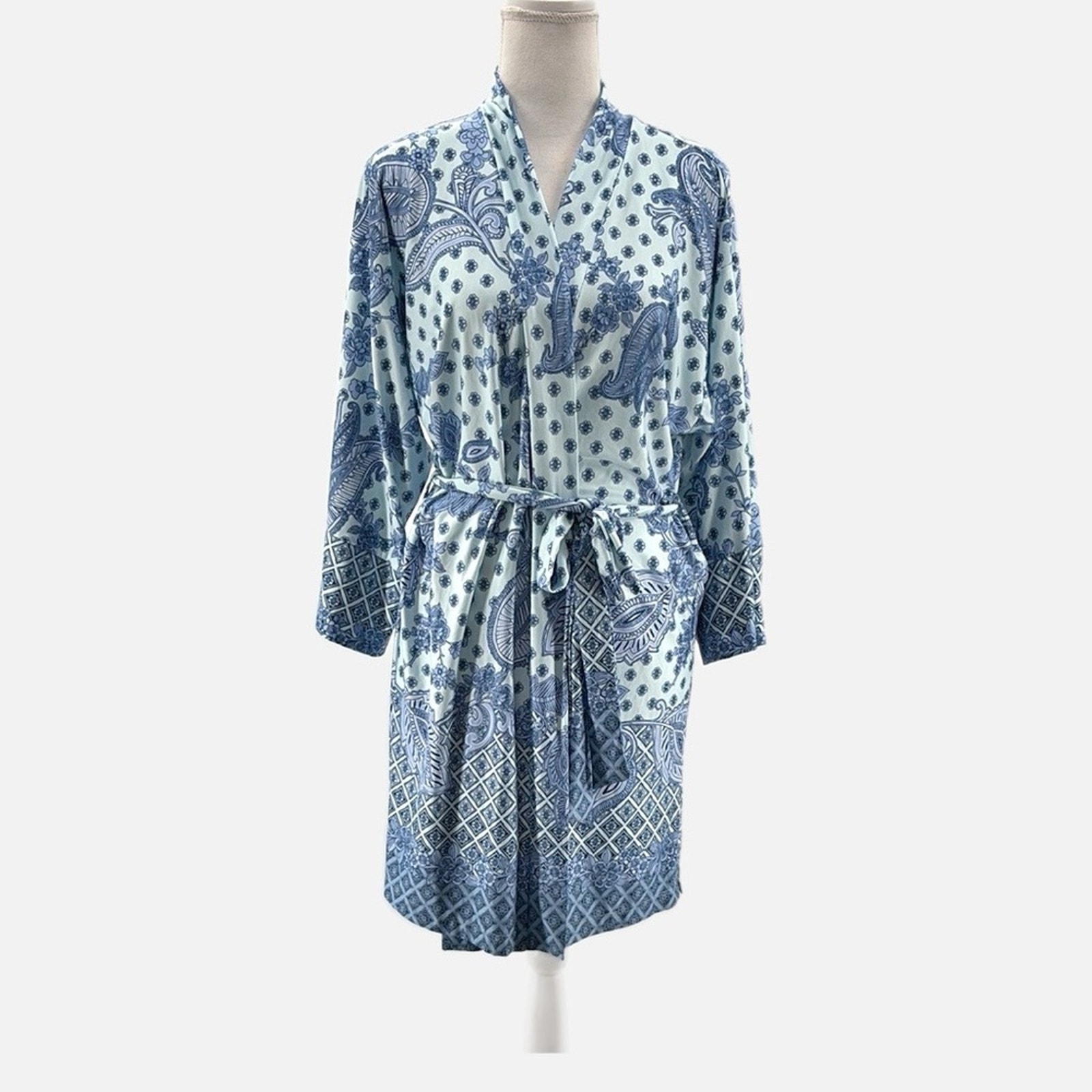 In Bloom by Jonquil Floral Paisley Knit Short Robe in Blue - Size XS/S