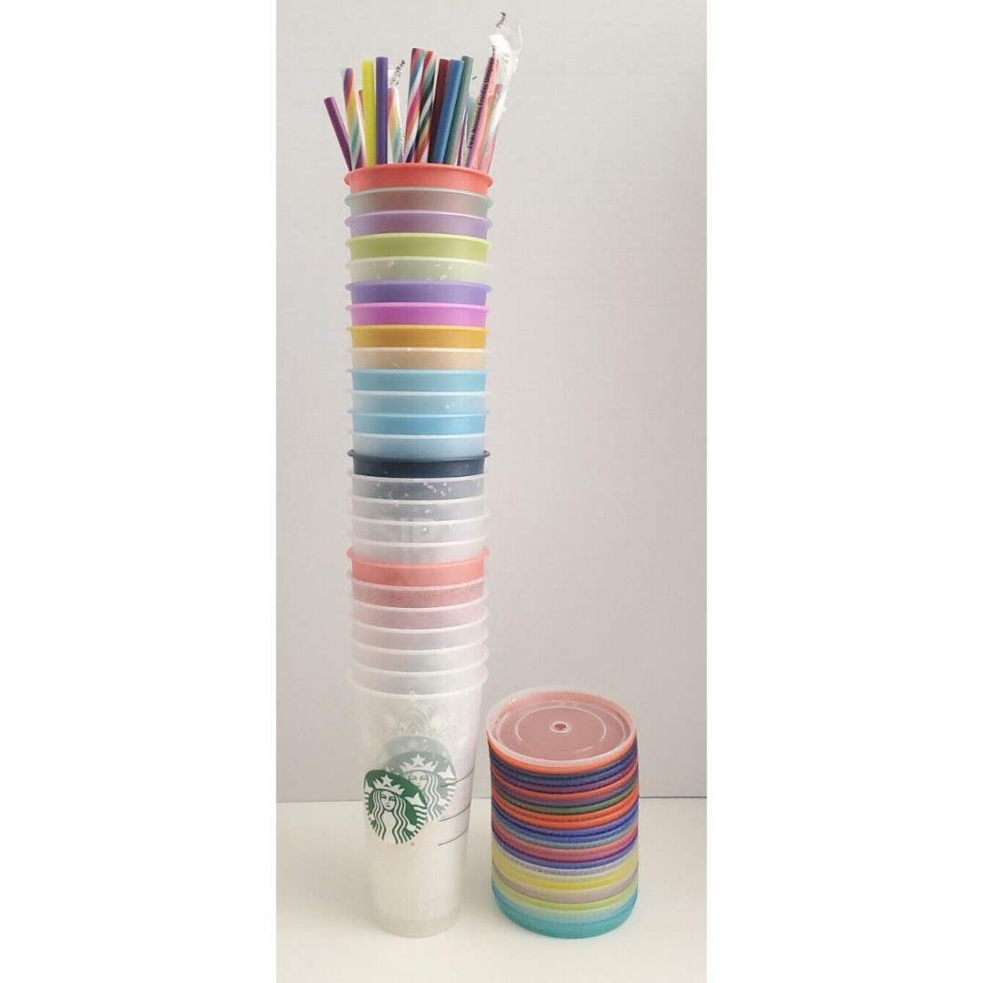 Lot of 24 Starbucks Plastic Cold Cup Transparent Color With Lids Straws