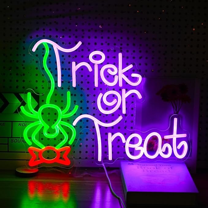 Trick Or Treat Neon Sign Funny Spider Candy LED Neon Light for Wall Decor