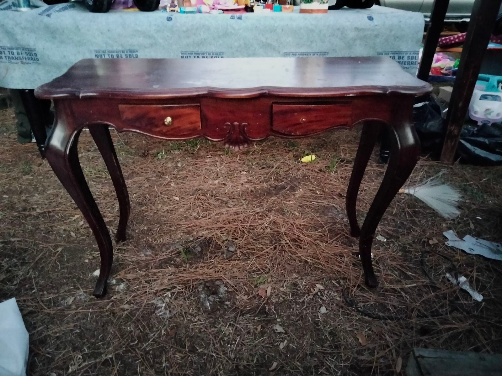 Vintage Antique Wood Writing Desk with 2 drawers and ornate carved legs.