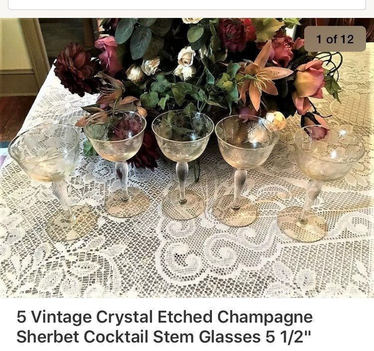 5 Vtg Crystal Etched Champagne Glasses