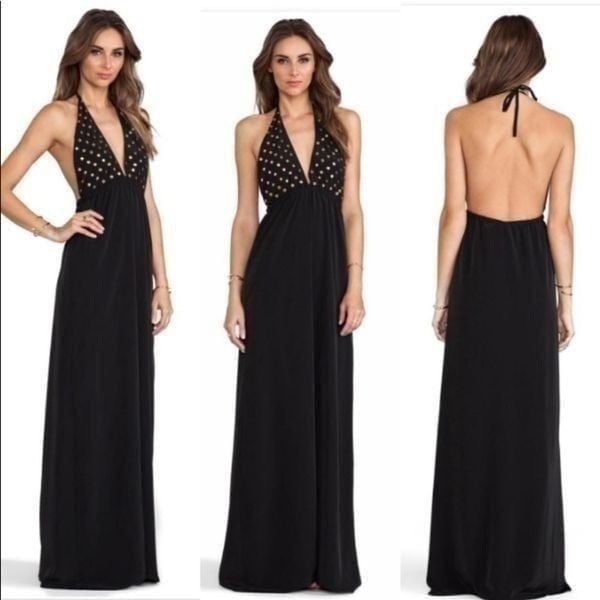 Revolve LBD Lovers + Friends Black And Gold Studded Halter Maxi Dress