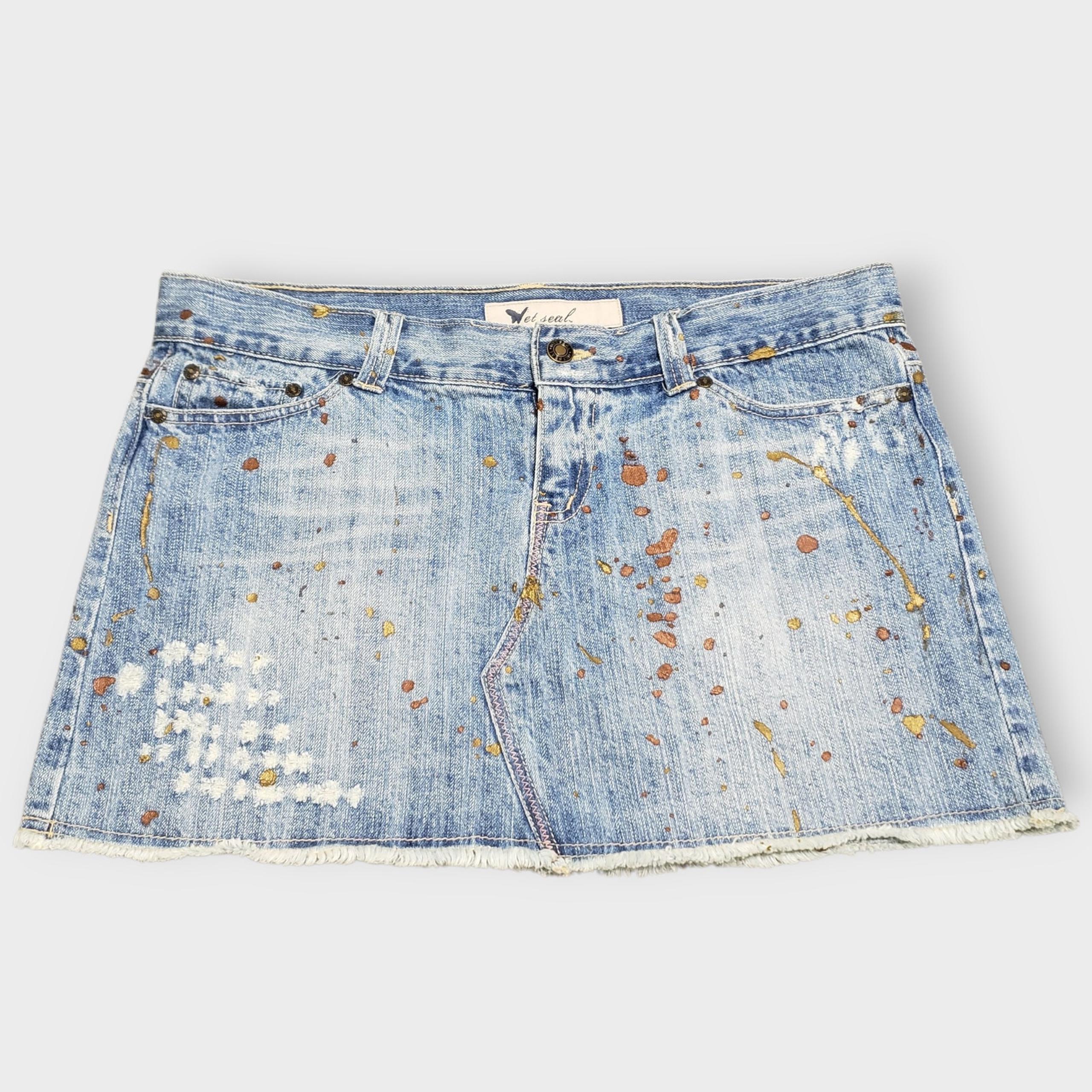 Vintage Y2K Wet Seal Denim Mini Skirt Distressed Paint Splatter Large Low Rise