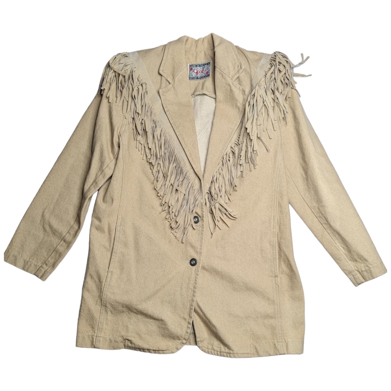 Vtg 1980s Goal by Hot Property Beige Canvas Suede Fringe Trim Western Blazer S