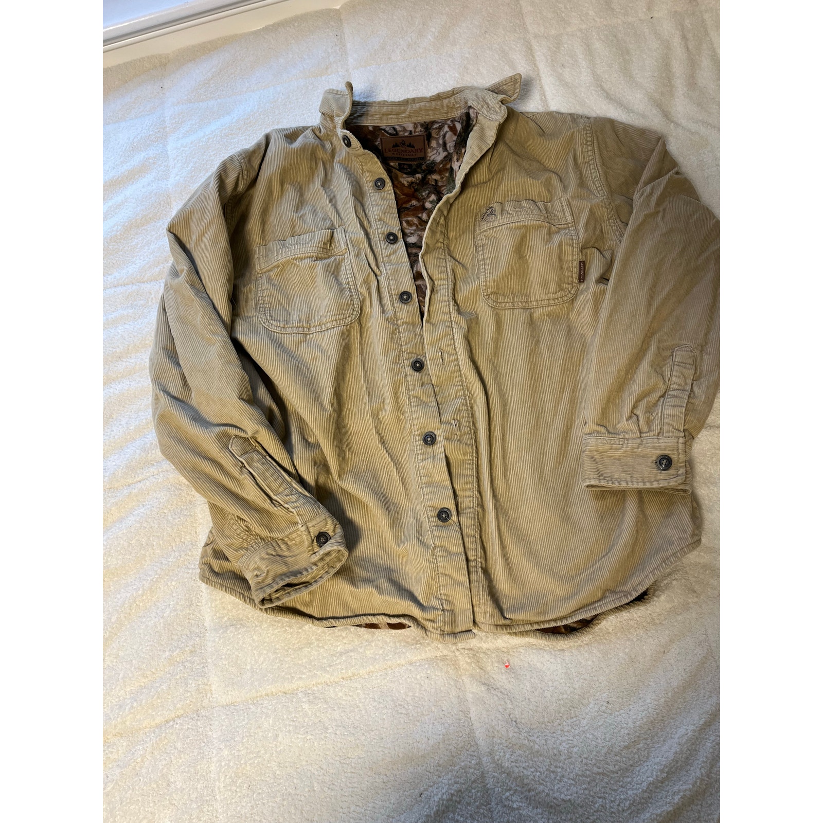 Legendary Whitetails Flannel Shirt Jacket Men 2XL CAMO Tan Corduroy Journeyman