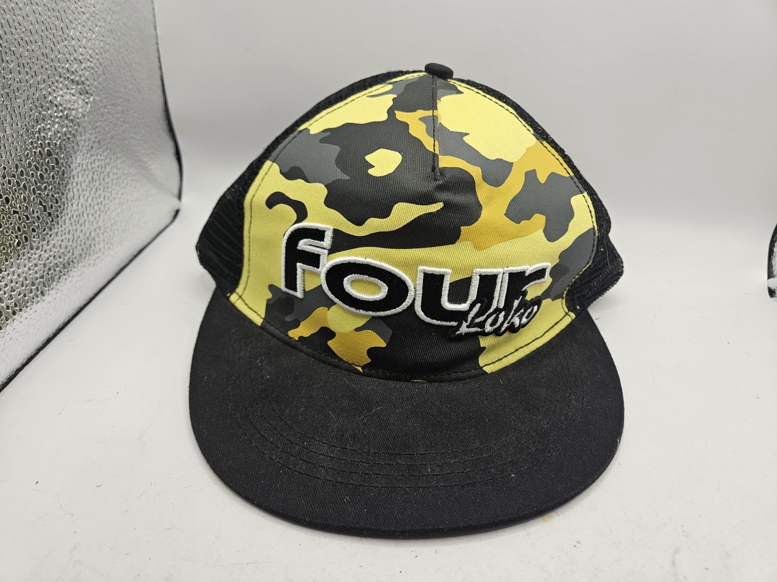 FOUR LOKO DRINK CAFFEINE CAMO YELLOW HAT CAP MESH ALCOHOL SNAPBACK 4 BLACK 2000S