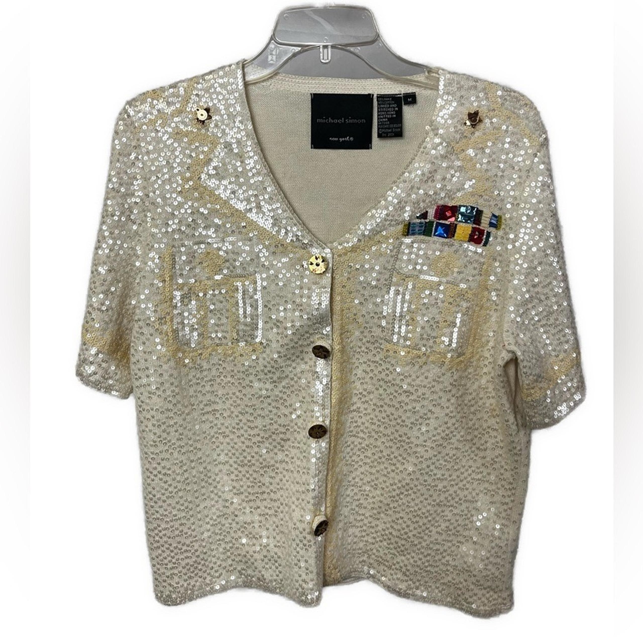Michael Simon Women's Sequined Novelty Short Sleeve Ramie Cardigan- Size Medium