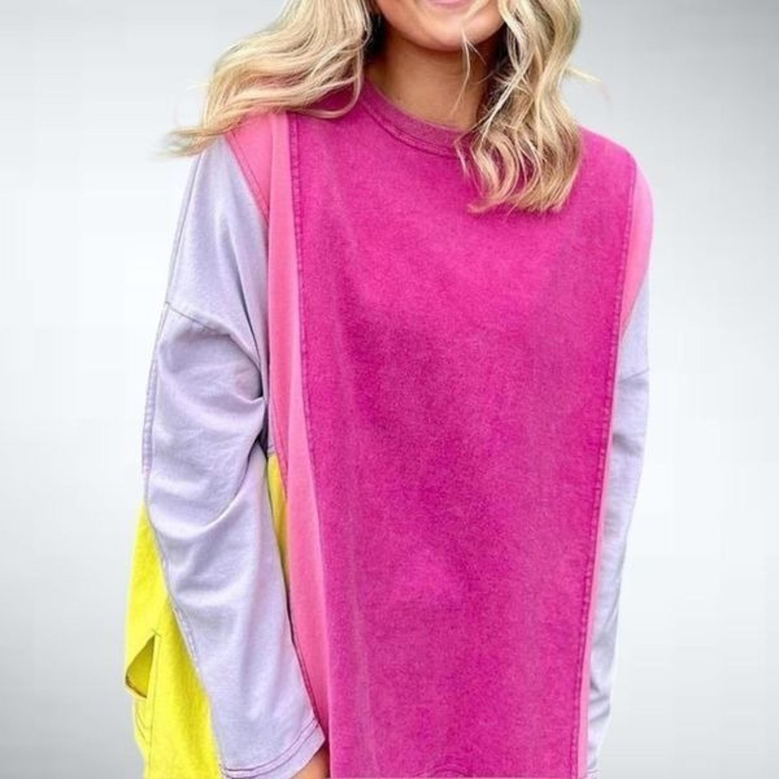 Size S Oversized Easel Los Angeles Color Block Mineral Washed Long Sleeve in Mag