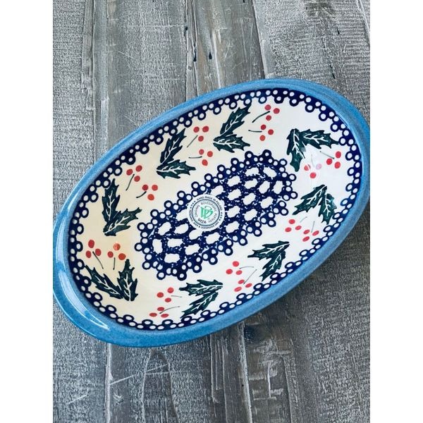 Boleslawiec Polish Pottery Oval Christmas Holly Bowl Dish