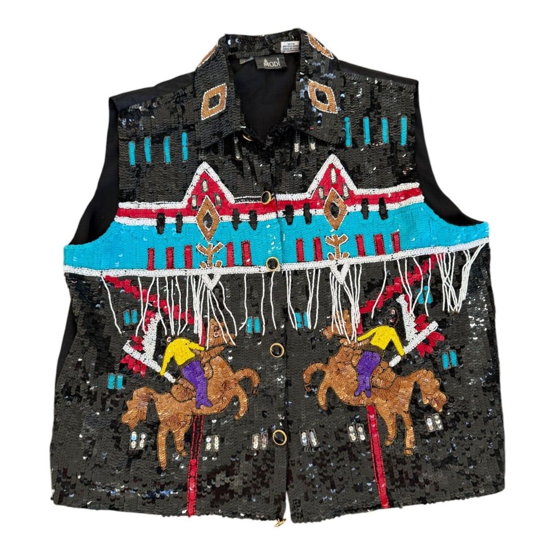 RARE Vintage Modi 90s Sequin Beaded Western Horse Rodeo Cowboy Silk Vest Sz XL