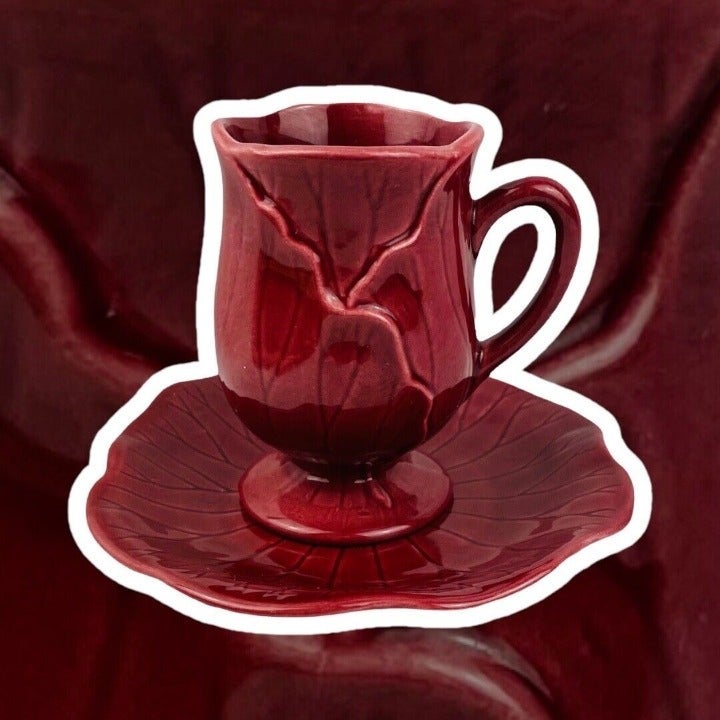 Vintage Metlox Poppytrail Lotus Cranberry Pedestal Mug Cup and Saucer USA 1179