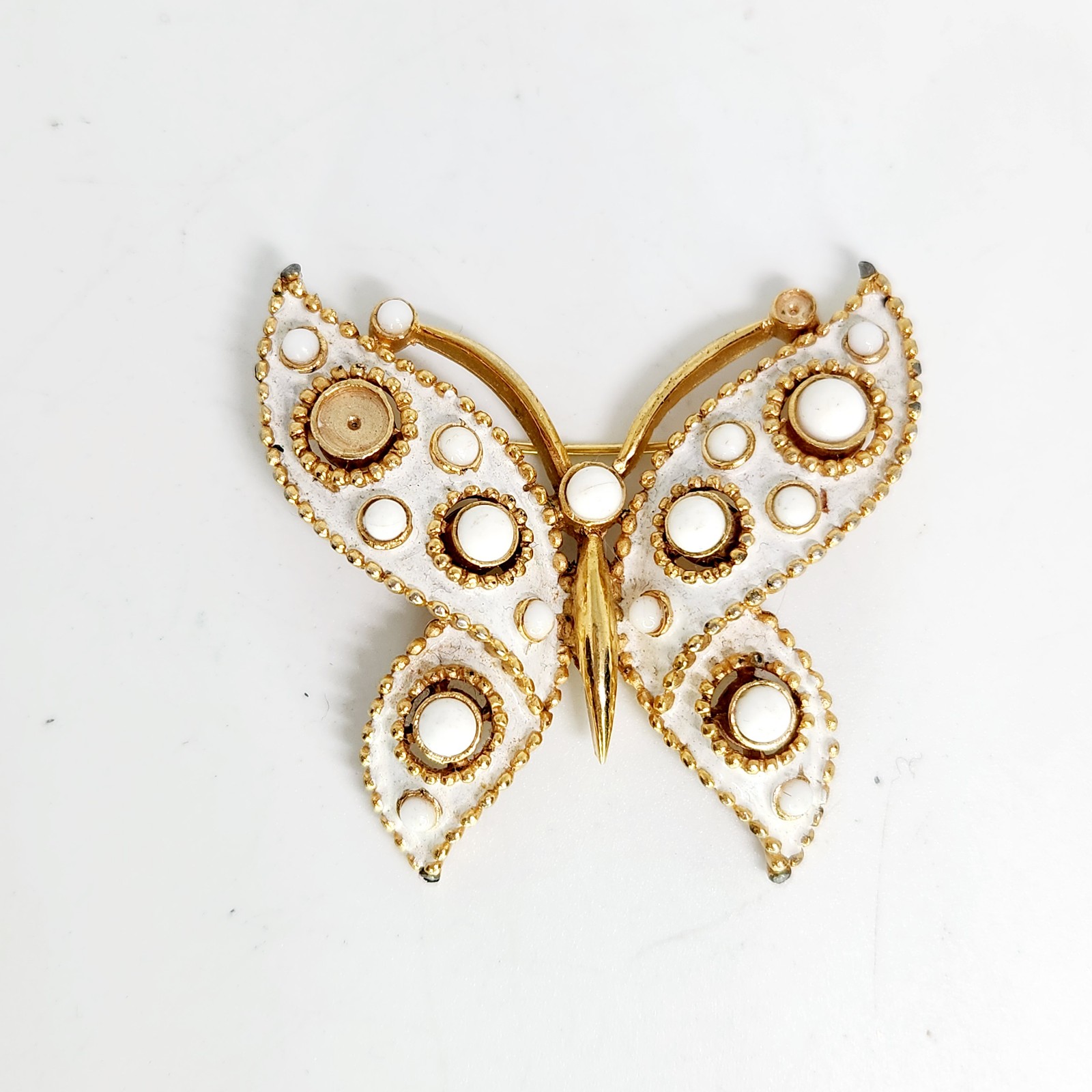 Vtg Crown Trifari White Lucite & Enamel Gold Tone Butterfly Brooch Pin As is