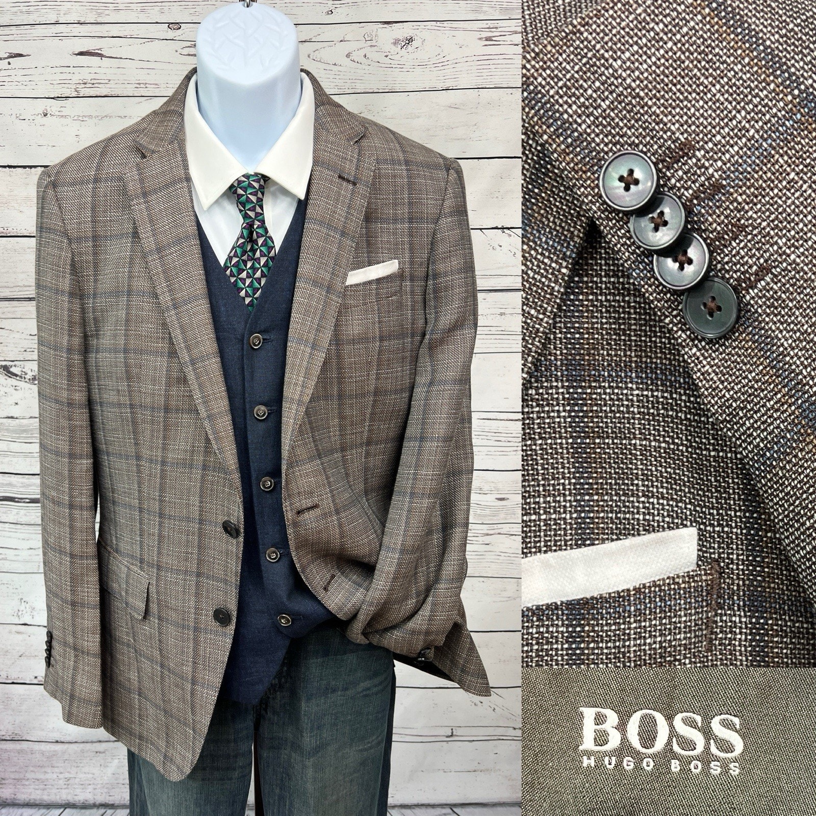 Hugo Boss 2 Button Sport Coat Mens 40R Slim Fit Jacket Blazer Plaid Brown Linen