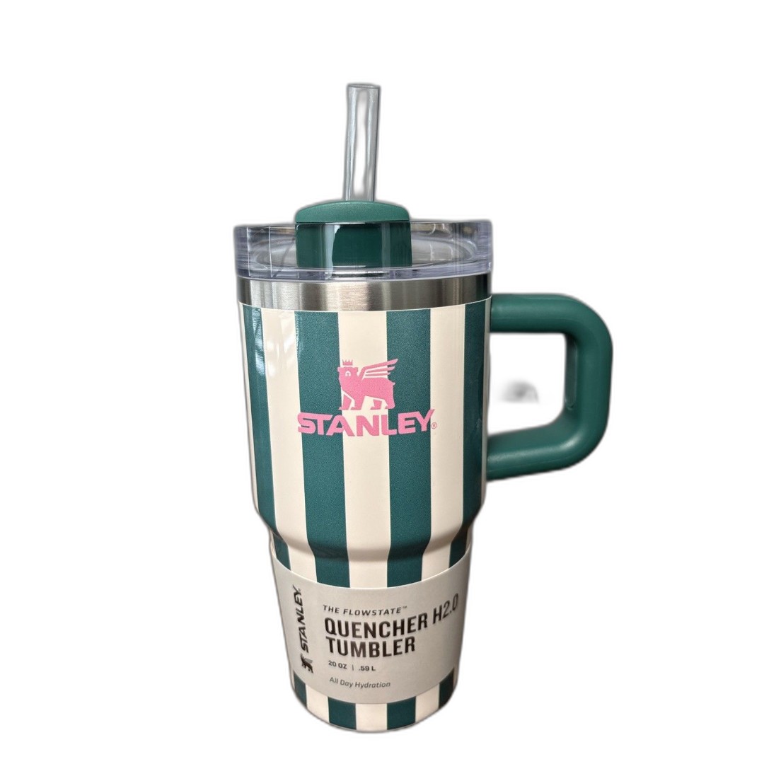 NWT 20 oz Stanley Emerald Cabana Green Stripe Pink Logo Quencher H2.0 Tumbler