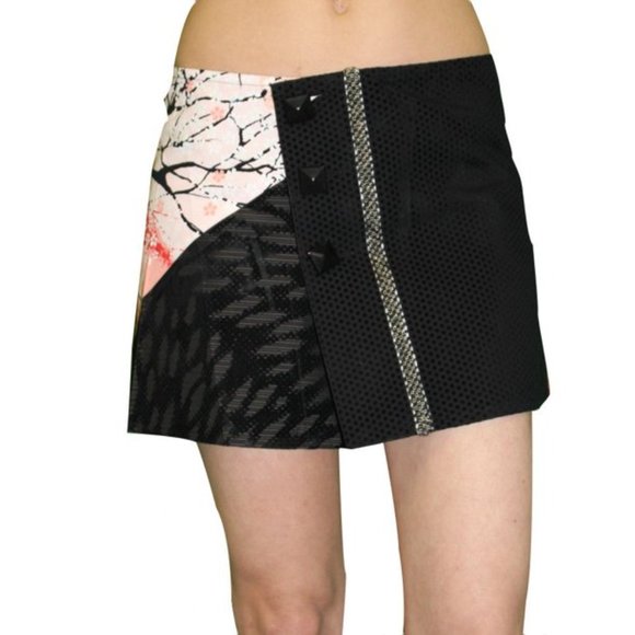 NEW CUSTO Barcelona Y2K Vtg Black Japanese Cherry Blossom Wrap Mini Skirt 6 S M