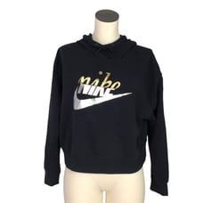 Nike Women M Spell Out Cropped Hoodie Sweatshirt Top Black Cotton Blend LS