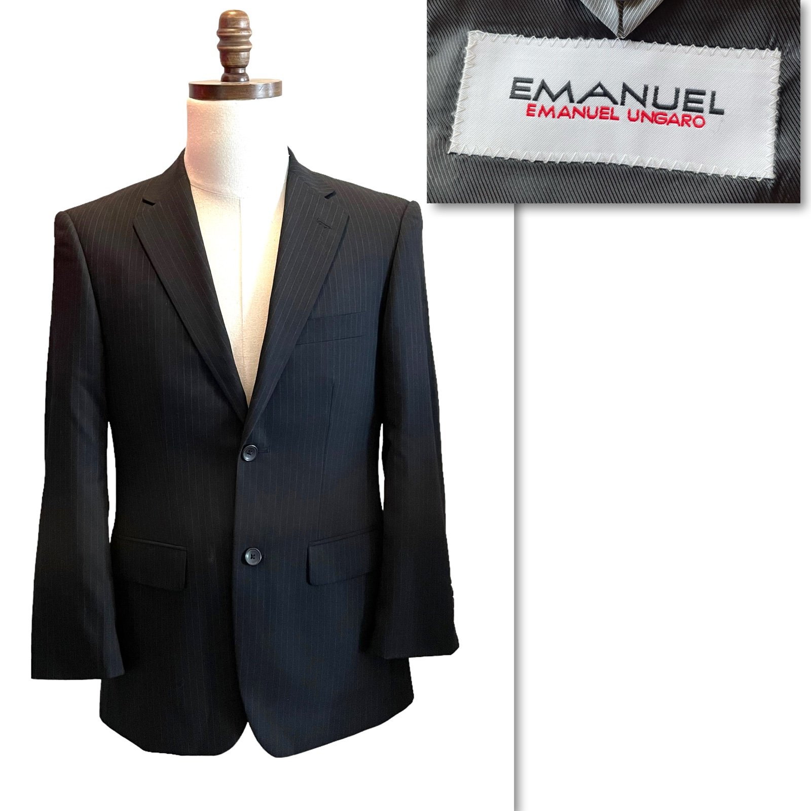 Emanual Ungaro Suit Blazer Jacket Black pinstripe 36S Formal Officewear Wool