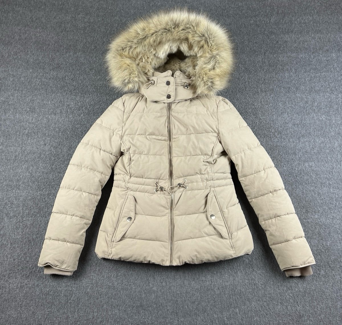Zara Beige Tan Fluffy Wool Puffer Winter Coat Womens Sz XS