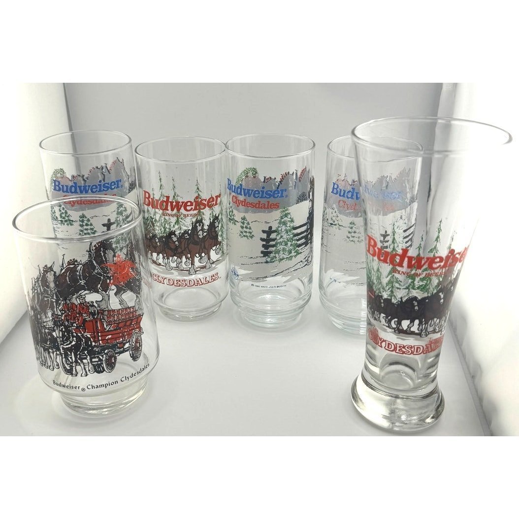 VTG Lot Of 6 Budweiser Clydesdale Glasses Pilsner 1989 1995