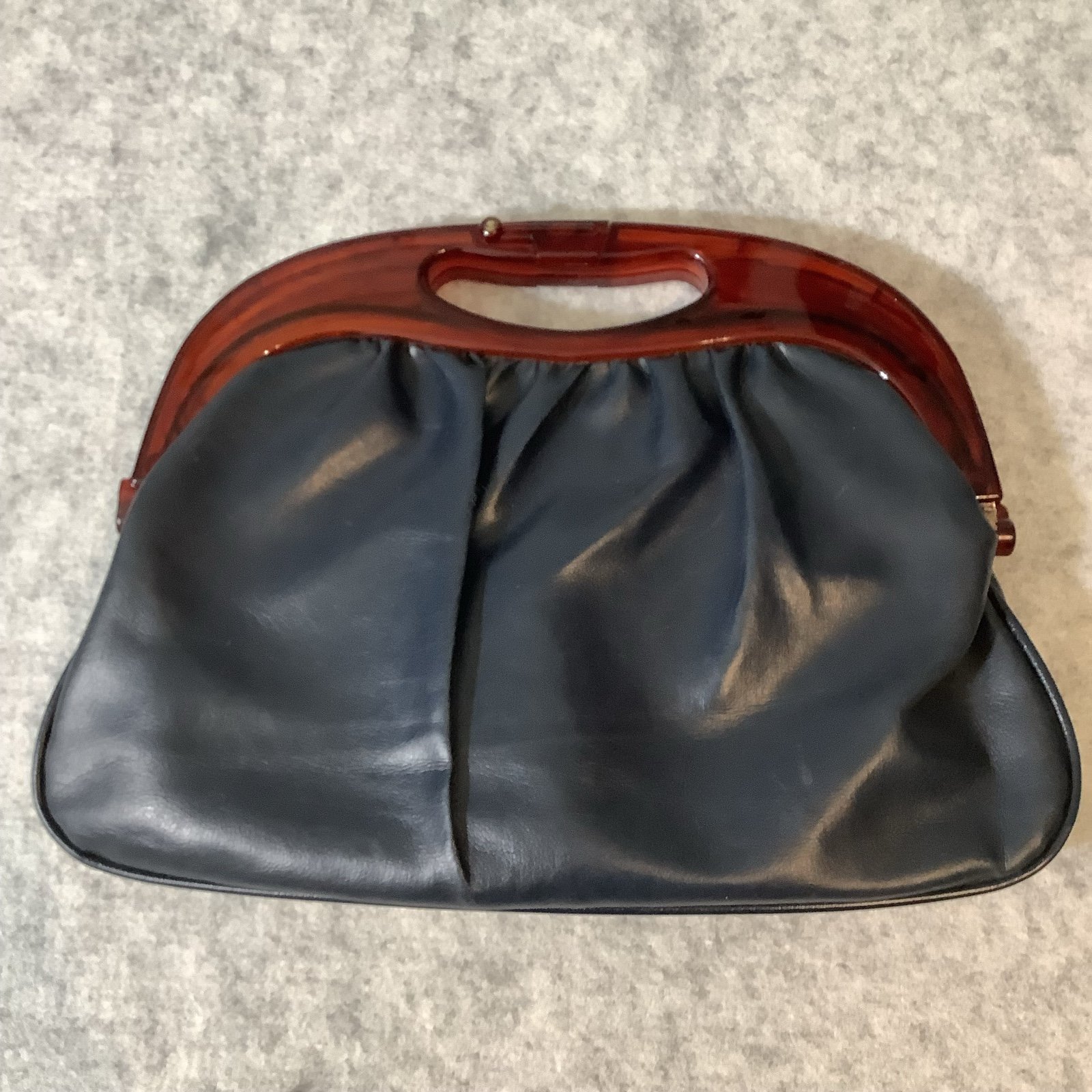 Vintage Leather Handbag Bakelite Handle Blue Clutch Purse