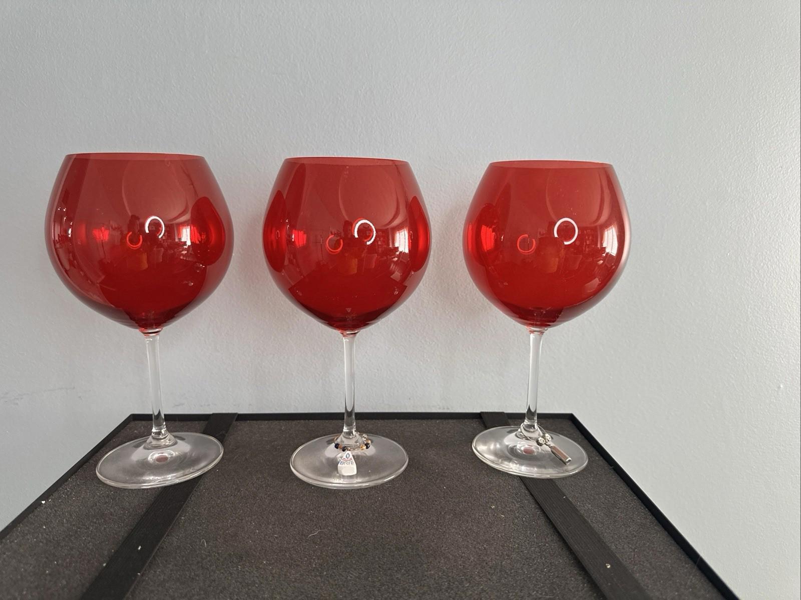 3 Marquis By WATERFORD CRYSTAL Stemmed Red Ruby Balloon Wine Goblets SIGNED 8.75