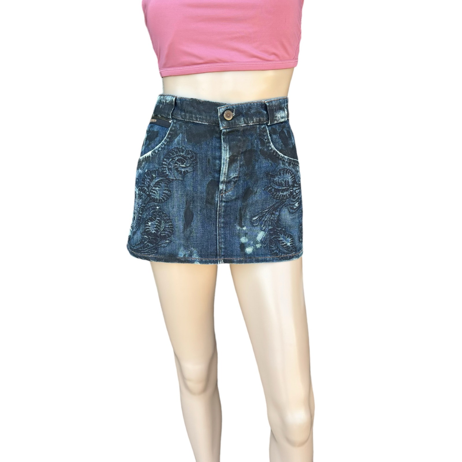 New Goldsign Floral Embroidered Distressed Splattered Denim Jean Mini Skirt 27