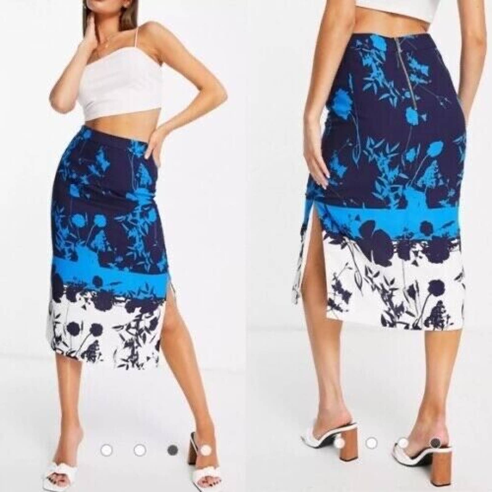 Ted Baker London Selaah Lined Skirt Blue Floral Print Back Zipper Pencil Size 10