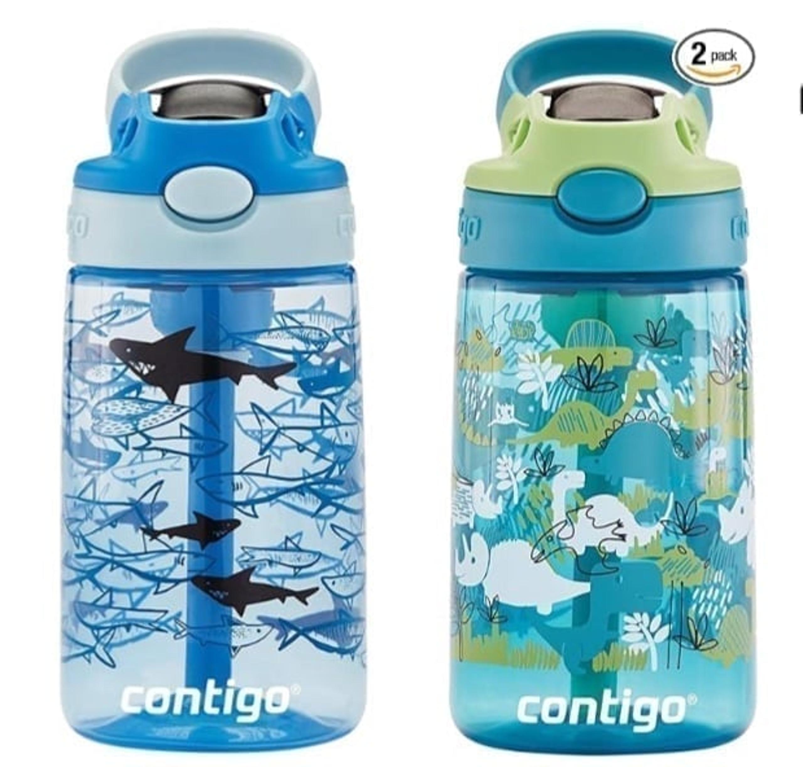 Contigo Kids Straw Water Bottle with AUTOSPOUT Lid, 14oz., 2 Pack, Dinos & Shark