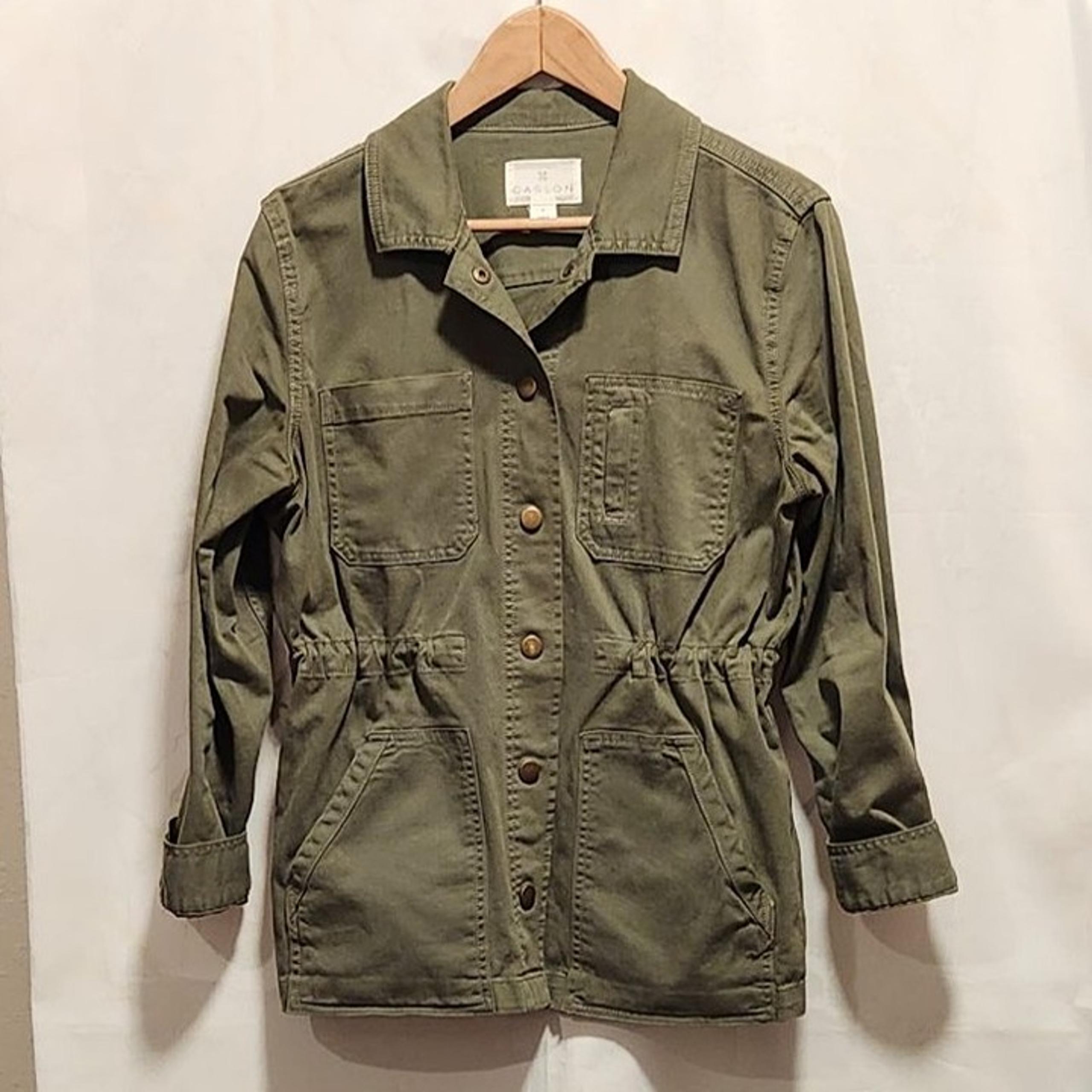 Women's Size S Army Green Cinch Waist Utility Jacket Full Button Closure - Caslon