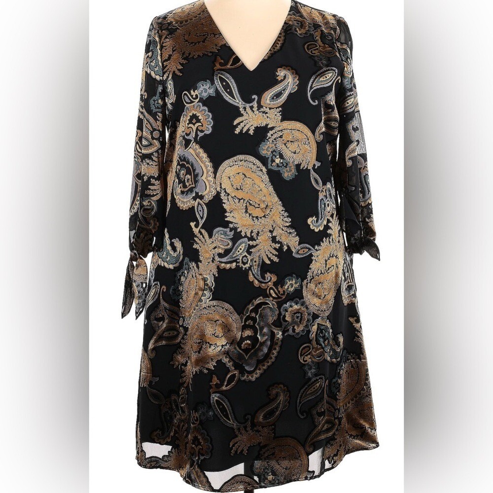 LAFAYETTE 148 *Couture* Midi Dress size XXL black gold paisley v-neck