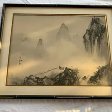 Pair Antique Framed Signed Oriental Watercolor Paintings Bamboo frame