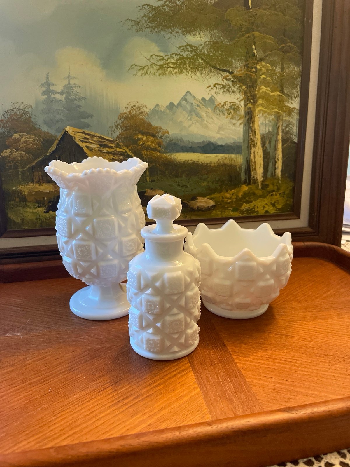Vintage Westmoreland Milk Glass Old Quilt Set of 3