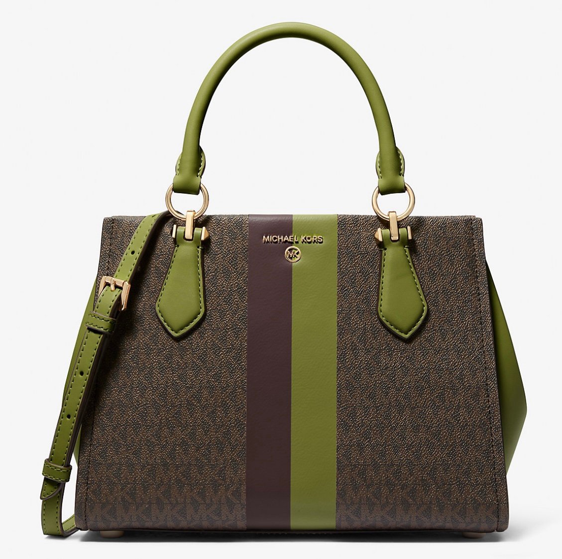 NWT Michael Kors Marilyn Medium Logo Striped Satchel, Meadow Green/Brown